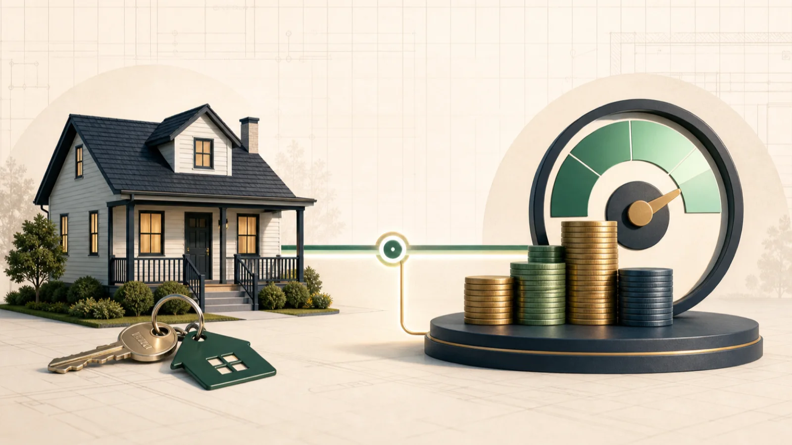 Illustration of a rental home connected to an available-equity credit gauge
