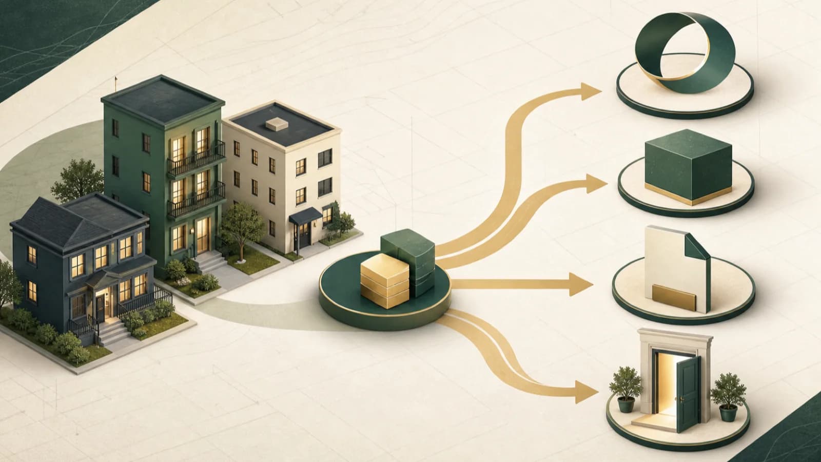 Illustration of several rental properties connected to multiple equity-access paths